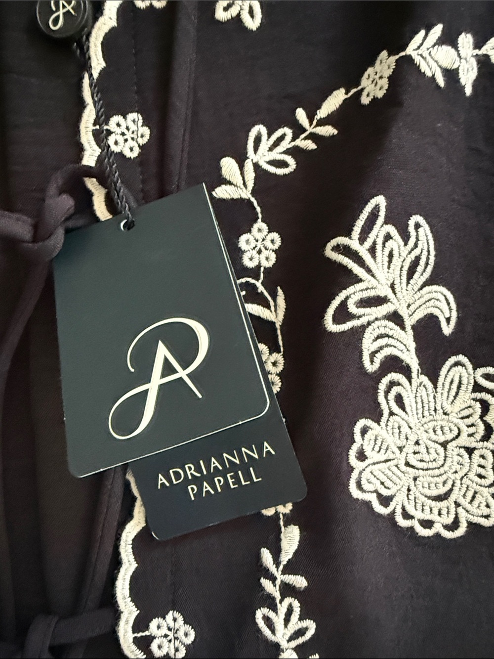 Adrianna Papell Black Top Floral Embroidery tie woven top or open cardigan - Picture 8 of 12